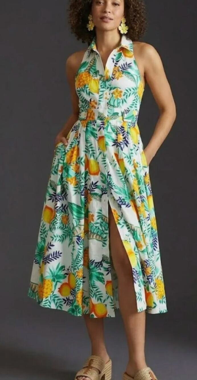 Maeve Anthropologie Tropical Fruit Midi Shirt Dress Large Cutout Back Pineapple